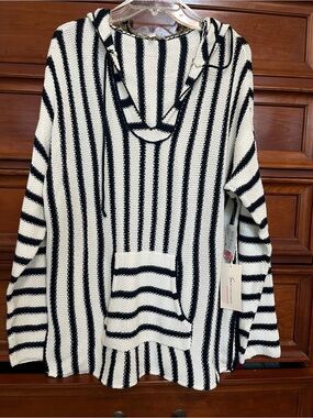 Vince Camuto Black and White Striped Knit Hoodie
